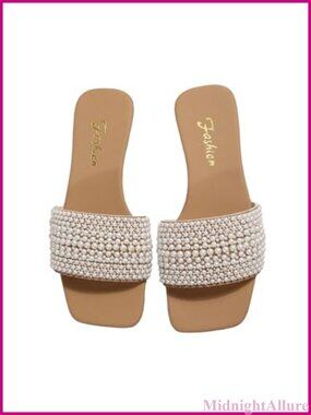Pearl Square Toe Slip On Flat Sandals Open Toe Slides